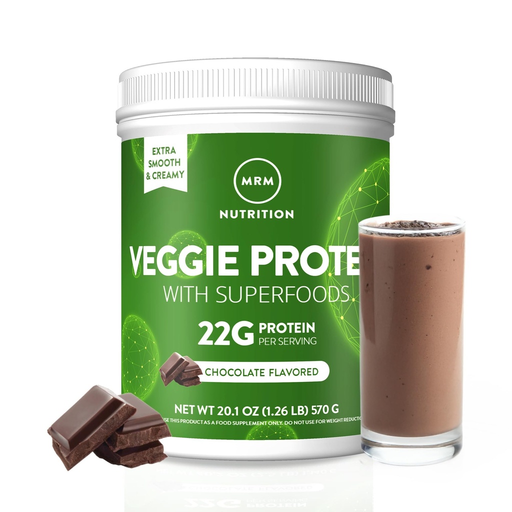 MRM Nutrition Veggie Protein with Superfoods against 124; Chocolate Flavored Measures 124; 22g Complete Protein Measures 124; Over 8,8g Essential Aminosyrer Measurement 124; 13 superfoods Measurement Measurement 124; with Omega 3s and Omega6s Measurement Measurement