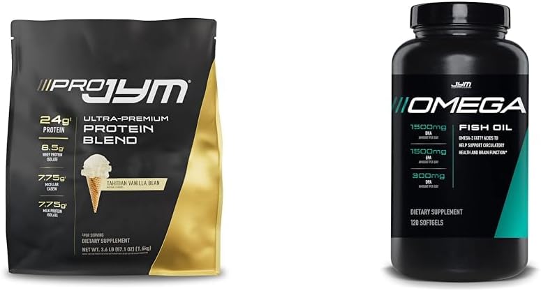 JYM Supplement Science PRO JYM 45 Servering - Tahitian Vanilla Bean & mg, High Potence Omega 3, EPA, DHA, DPA for hjerne, hjerte, & fælles støtte 120 Soft Gels
