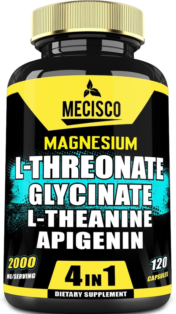 2000mg Magnesium L Threonat supplement med Magnesium Glycinat, L- Theanin & Apigenin - Positive Mood, Brain Health, Evne til at huske & Muskelvækst Support - 120 Kapsler