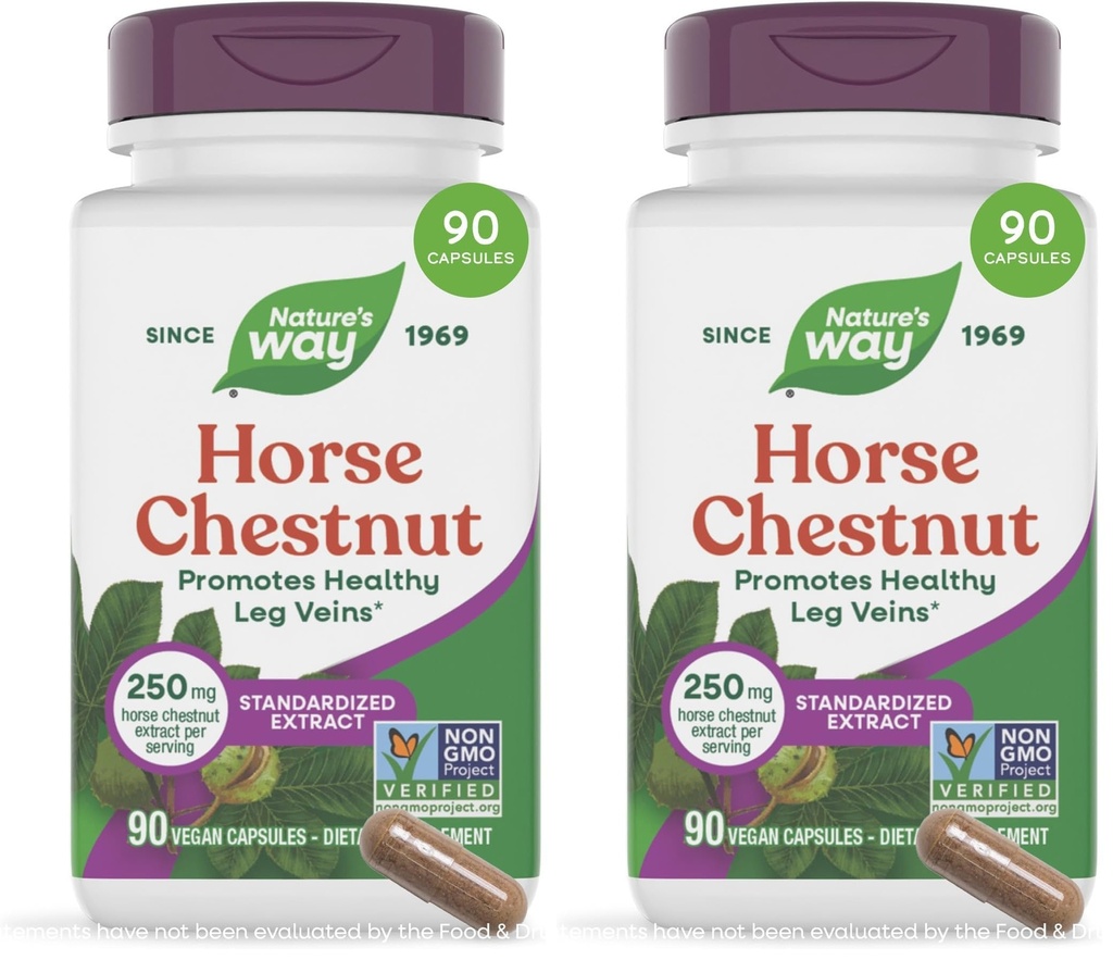 Nature 's Way Standardized Horse Chestnut, Premium Extract, Promoes Sund Ben Veins *, 250 mg per Serving, Vegan, 90 Kapsler (Packaging May Vary) (pakke af 2)
