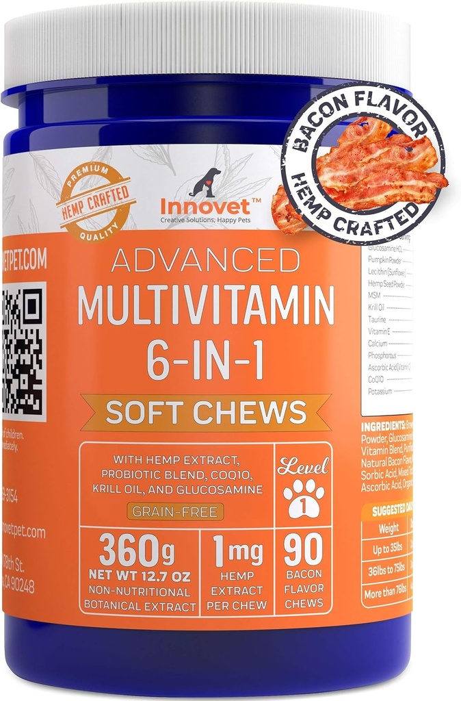 Innovet Pet Advanced Dog Multivitamin Supplements - Probiotics, Calcium, Hemp Seed Powder & Glucosamine for Dogs - Omega 3-6-9 Supplements - Vitamins Supplements for Dog Anxiety Relief – Bacon Flavor