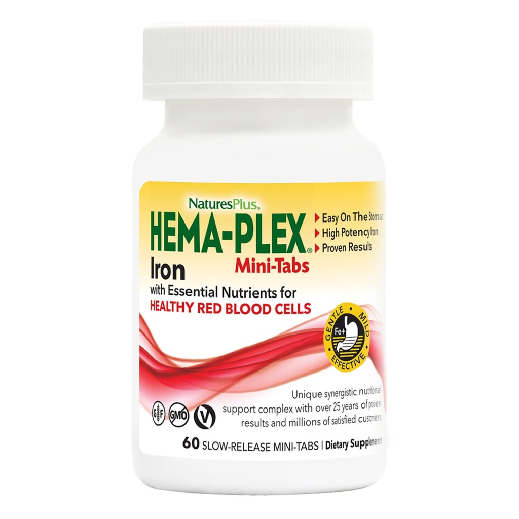 NaturesPlus Hema- Plex Iron - 60 Blow-Release Mini- Tabs - 85 mg Chelated Iron - Total Blood Health - med C-vitamin & Bioflavonoider - Vegan, Gluten Free - 30 Serveringer