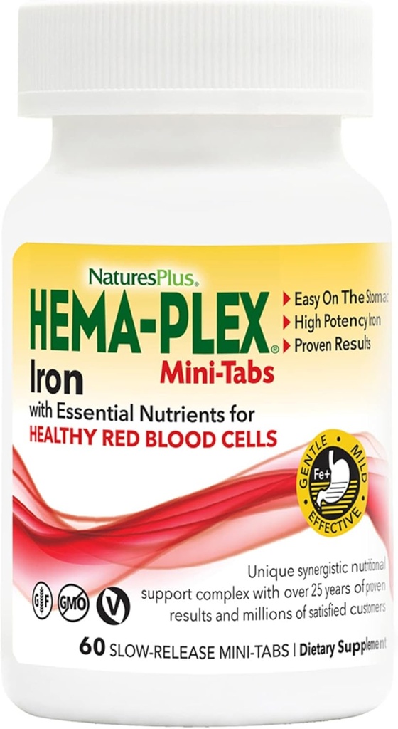 NaturesPlus Hema-Plex Iron - 60 Slow-Release Mini-Tabs - 85 mg Chelated Iron - Total Blood Health - with Vitamin C & Bioflavonoids - Vegan, Gluten Free - 30 Servings