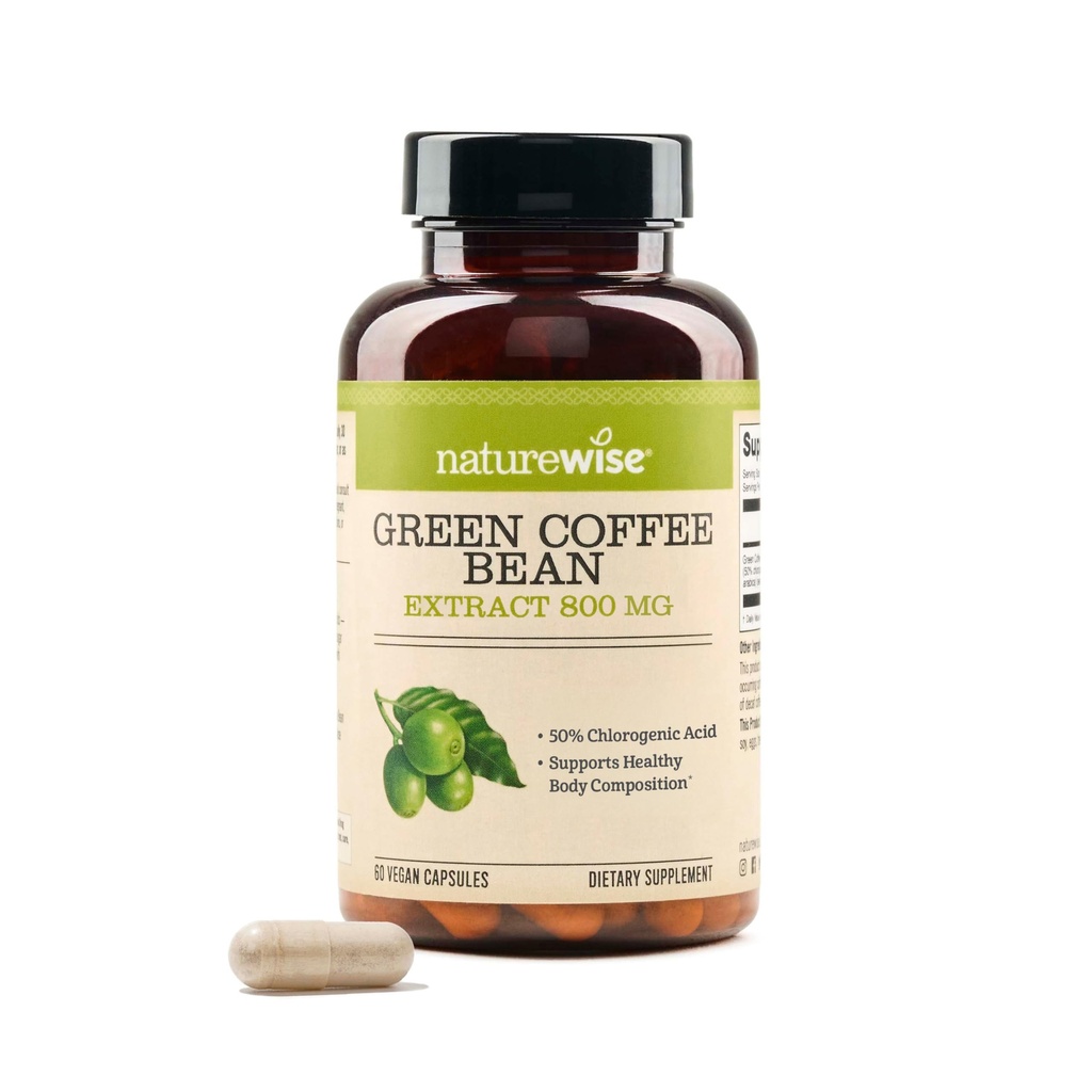 NatureWise Green Coffee Bean Extract 800mg - med 50% chlorogene syrer - Støtte til vægtmål, energi, og antioxidanter - Vegan, Non- GMO - 60 kapsler [1 - Måned Supply]