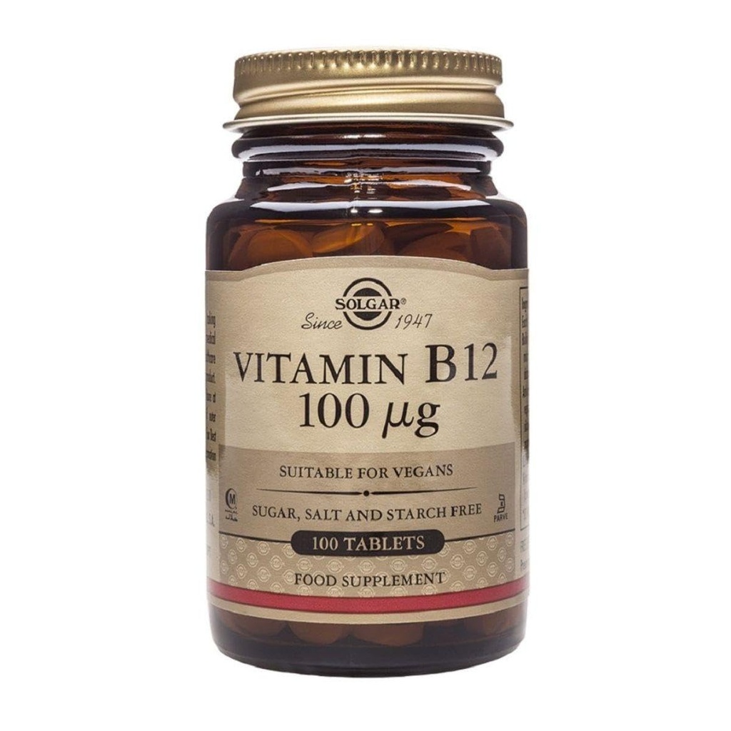 Solgar Vitamin B12 100 mcg - 100 tabletter - Energi Metabolisme & Nervesystemet Support - Non- GMO, Vegan, Gluten & Dairy Free, Kosher, Halal - 100 Servere