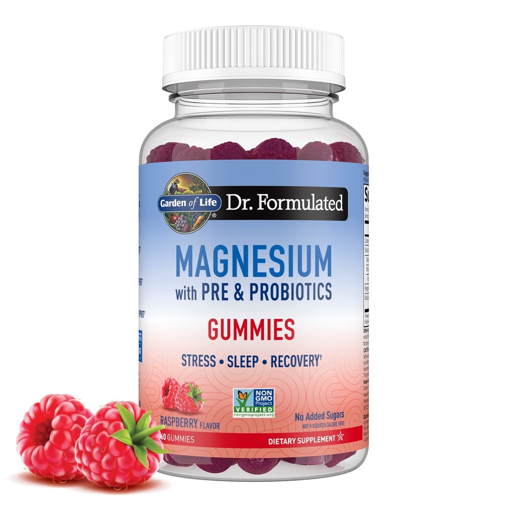 Garden of Life Magnesium Citrate Supplement Gummies with Prebiotics & Probiotics for Stress, Sleep & Recovery - Vegan, Gluten Free, Kosher, Non-GMO, No Added Sugars, Raspberry Flavor, 60 Count