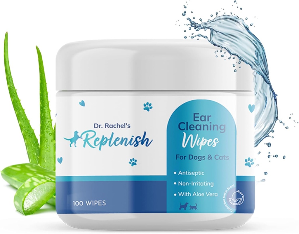 Replenish Cat and Dog Ear Cleaning Wipes - Gentle Medicated Ear Wipes for Dogs - Cucumber Melon Scent - Dog Ear Cleaner & Cat Ear Wipes for Cleaning, Soothing, and Deodorizing Itchy Ears - 100 Count