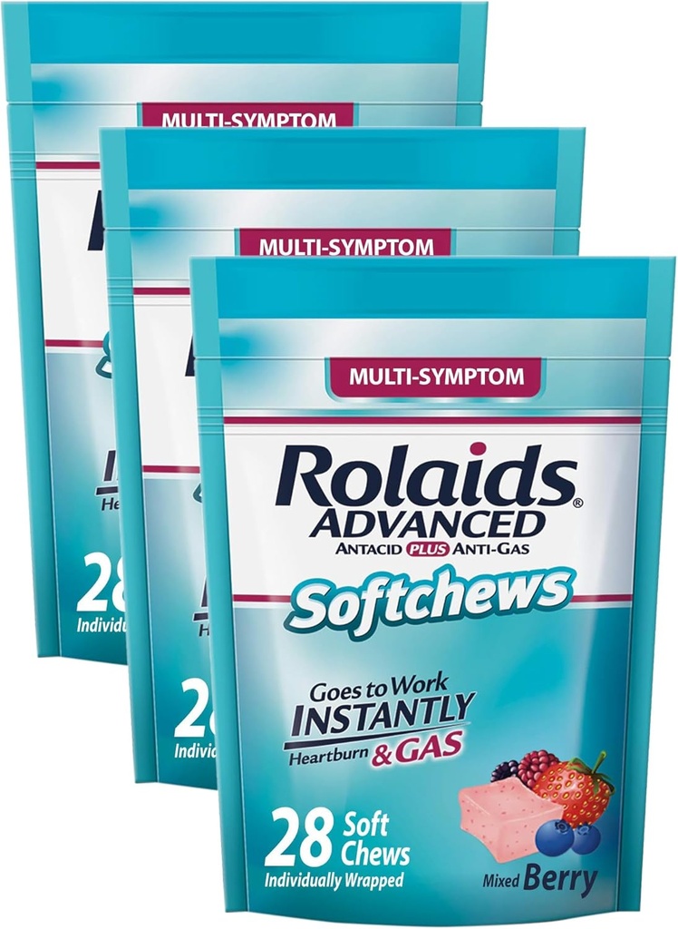 Ruller Avanceret Antacida Plus Anti- Gas Softchews, 28 Greve, Blandede Berry, Heartburn og Gas Relief (pakke af 3)