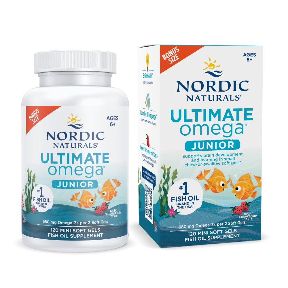 Nordic Naturals Ultimate Omega Jr., Jordbær - 120 Mini Soft Gels - 680 Total Omega- 3s med EPA & DHA - Brain Health, Mood, Learning - Non- GMO - 60 Servering