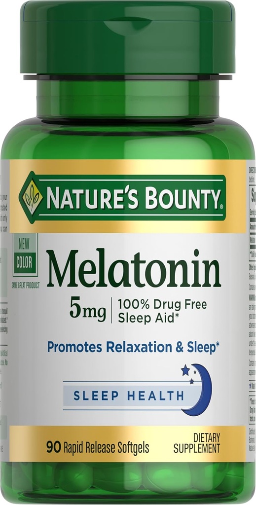 Nature 's Bounty Melatonin, 100% Drug Free Sleep Aid, Kosttilskud, fremmer afslapning og søvn sundhed, 5mg, 90 Softels (pakke med 1)