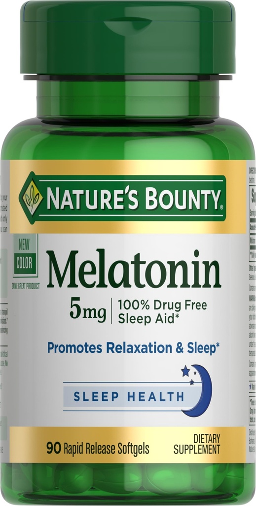 Nature 's Bounty Melatonin, 100% Drug Free Sleep Aid, Kosttilskud, fremmer afslapning og søvn sundhed, 5mg, 90 Softels (pakke med 1)