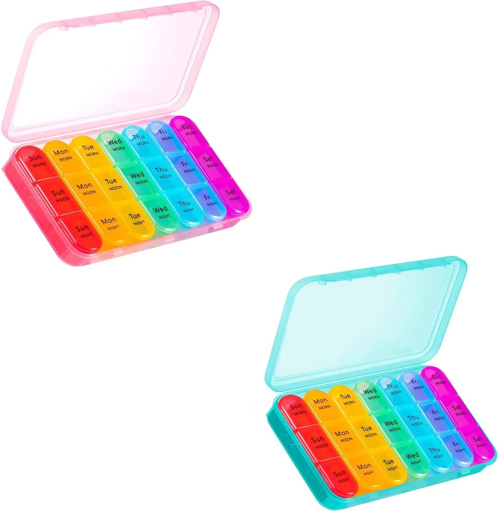Asprink Pink og Cyan Pill Organizer 3 gange om dagen - Ugentlig Pill Box 3 gange om dagen - Daily Pill Box 7 dag Medicine Organizer, Stor Pill Case Pill Box 3 gange om dagen, Rejser Pill Organizer