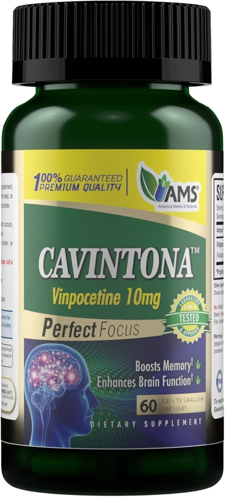 America Medic & Science Cavintona 10mg - Brain Health Supplement for Memory, Focus & Cognitive Support - Forbedrer Mental Klarhed, Blood Flow & Neuro funktion - 60 kapsler