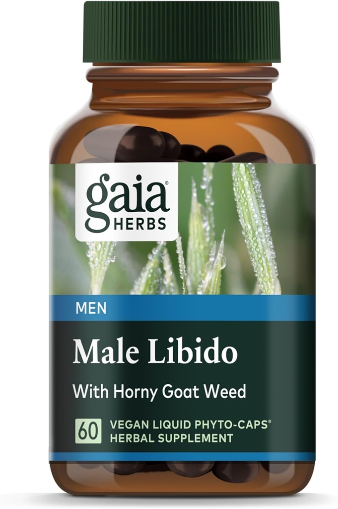 Gaia urter Mand Libido - Herbal supplement med Saw Palmetto, Horny Geat Weed, Maca & Havre - Understøtter Stamina, Vitality & Hormone Balance for Mænd - 60 Vegansk flydende Phyto- kapsler (20-dages forsyning)