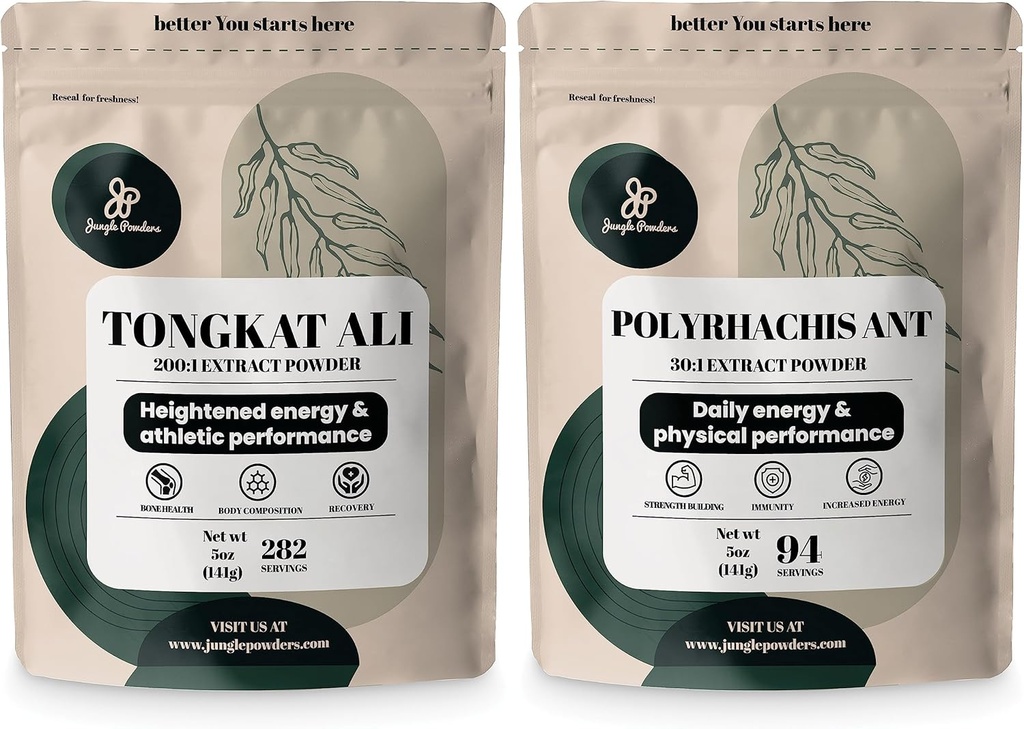 Jungle Powders Tongkat Ali for mænd 200: 1 Uddrag 282 Serveringer, Black Ant Powder 30: 1 94 Serveringer 5oz af Filler Free Longjack Root & Black Ant Supplement Traditional Herre Health Support for Drive