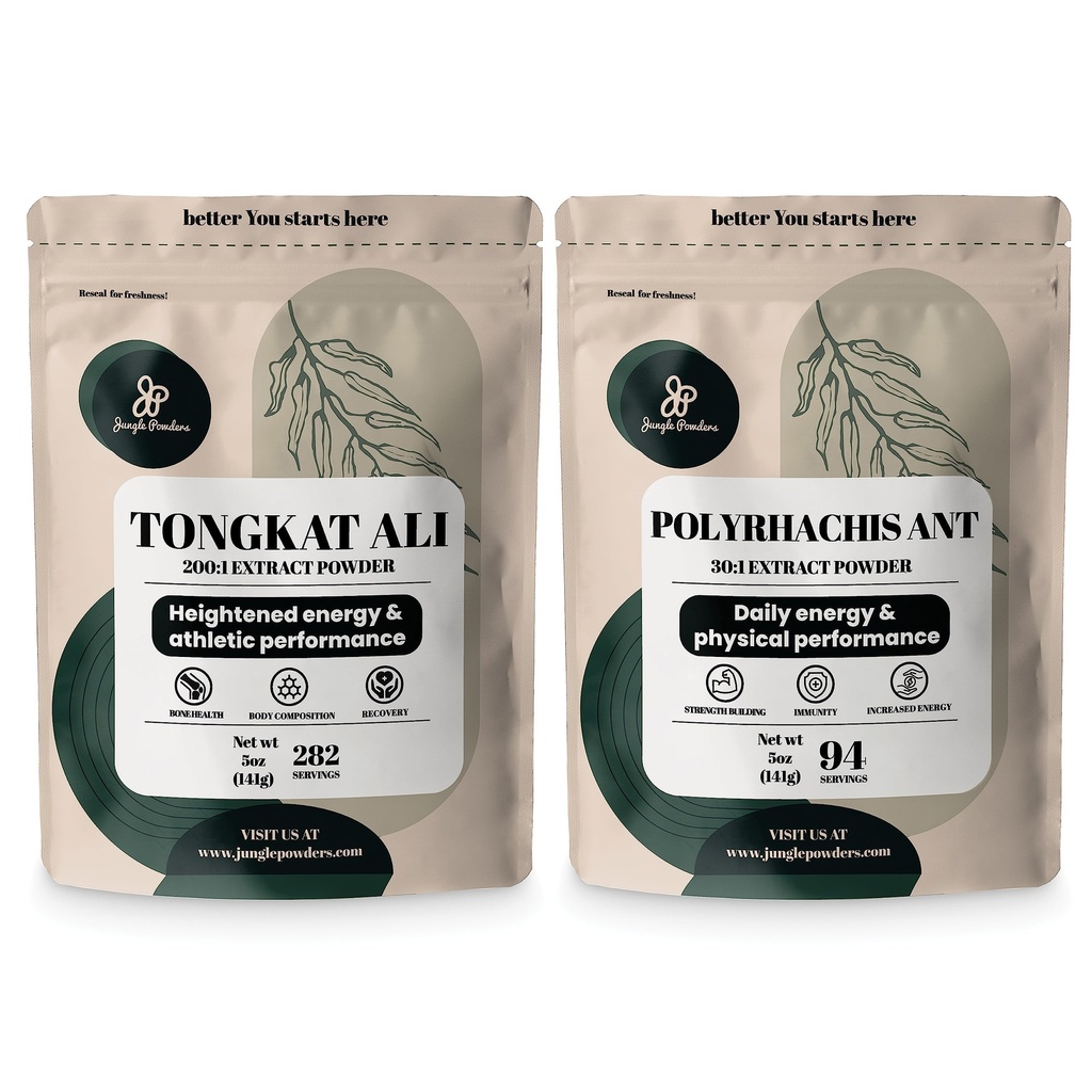 Jungle Powders Tongkat Ali for mænd 200: 1 Uddrag 282 Serveringer, Black Ant Powder 30: 1 94 Serveringer 5oz af Filler Free Longjack Root & Black Ant Supplement Traditional Herre Health Support for Drive