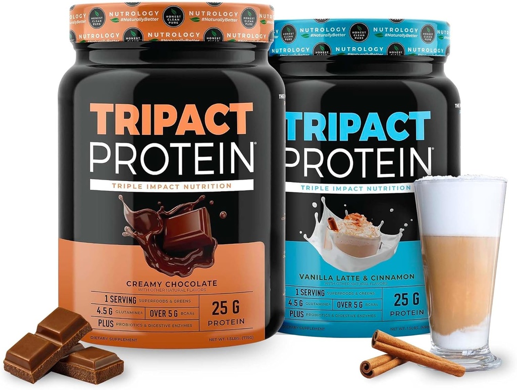 Nutrologi TRIPACT Protein - Premium Nutrition Shake - Non- GMO Grass Fed Whey Protein, Plant Proteins, Greens, Superfoods & Probiotics - 5g BCAAs - Cremet Chocolate & VanillaLatte w / Cinnamon 1,5 lb Hver