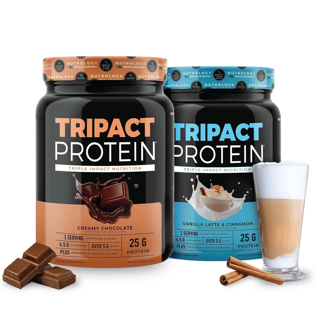 Nutrologi TRIPACT Protein - Premium Nutrition Shake - Non- GMO Grass Fed Whey Protein, Plant Proteins, Greens, Superfoods & Probiotics - 5g BCAAs - Cremet Chocolate & VanillaLatte w / Cinnamon 1,5 lb Hver