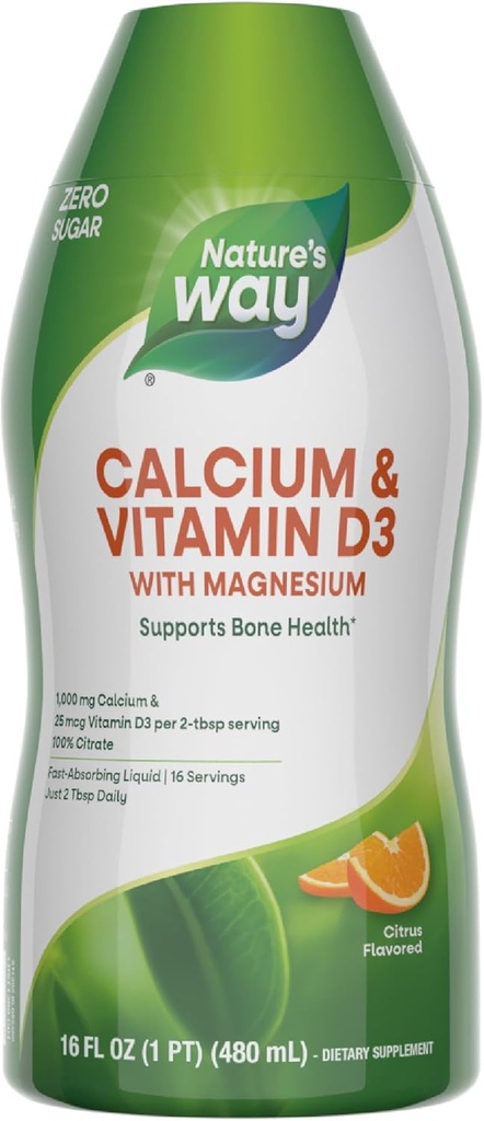 Nature's Way Calcium & Vitamin D3 with Magnesium Liquid Supplement*, Supports Bone Health*, Fast Absorbing Liquid, Gluten Free, Sugar Free, Citrus Flavored, 16 Fl Oz (Packaging May Vary)