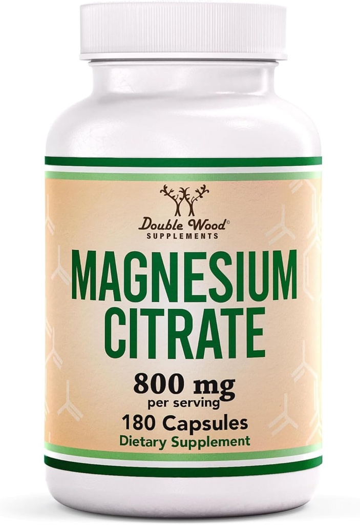 Magnesium Citrate 800mg, 180 kapsler, fordøjelsesbesvær & konstipation Support, Vegan Safe, Non- GMO, Dobbelt Wood Kosttilskud