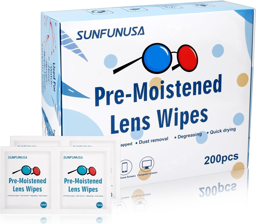 200 Count Lens Cleaning Wipes-Pre-Moistened Individually Wrapped Eyeglass Wipes Optical Screen Cleaner Streak Free Fast Drying