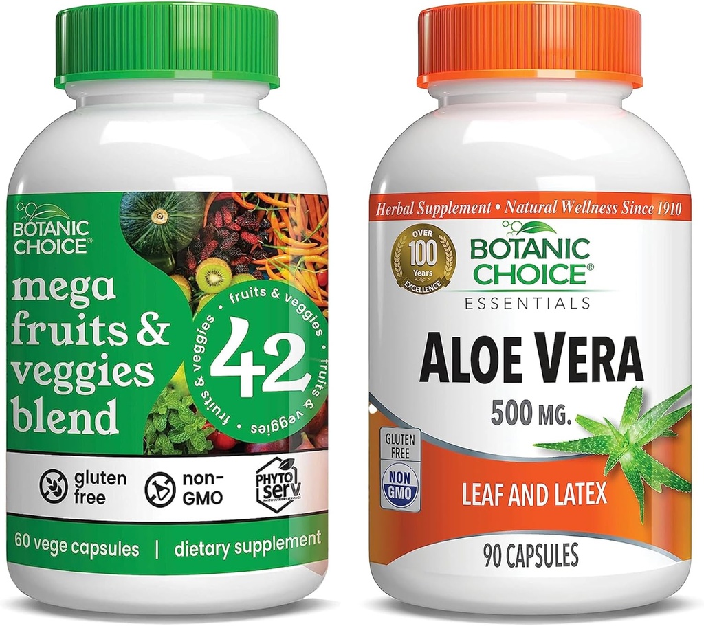 Botanic Choice Mega Fruits and Veggies Blend (60 kapsler) + Aloe Vera (90 kapsler) Bundle - Energy Balance & Superfood Supplement + fordøjelsesstøtte