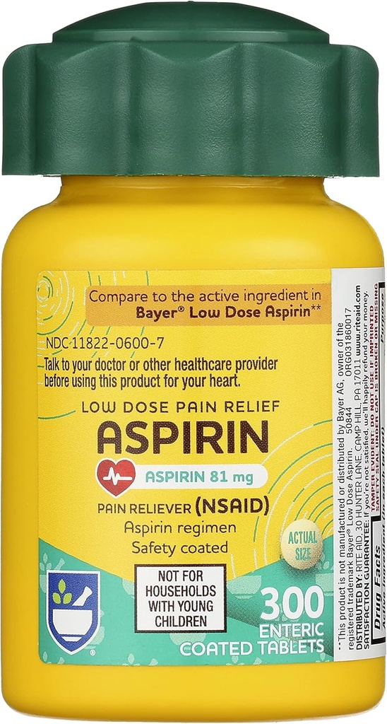 Rite Aspirin Enteric Tablets, 81 mg Aspirin - 300 Count, Lavdosis smertelindring, Aspirin til hovedpine Relief, Enteric Safety Coated Tablets, Aspirin Regimen, Migræne Medicin, Smertelindring