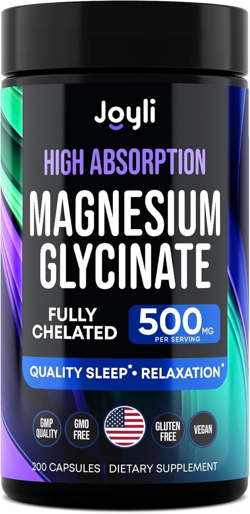 Magnesium Glycinat 500MG - Magnesium til søvn - Høj Absorption Chelated Mag Supplement - Glicinato De Magnesio 400mg + 100 mg - Mag Glycinat til kvinder, til børn - 200 Veganske kapsler