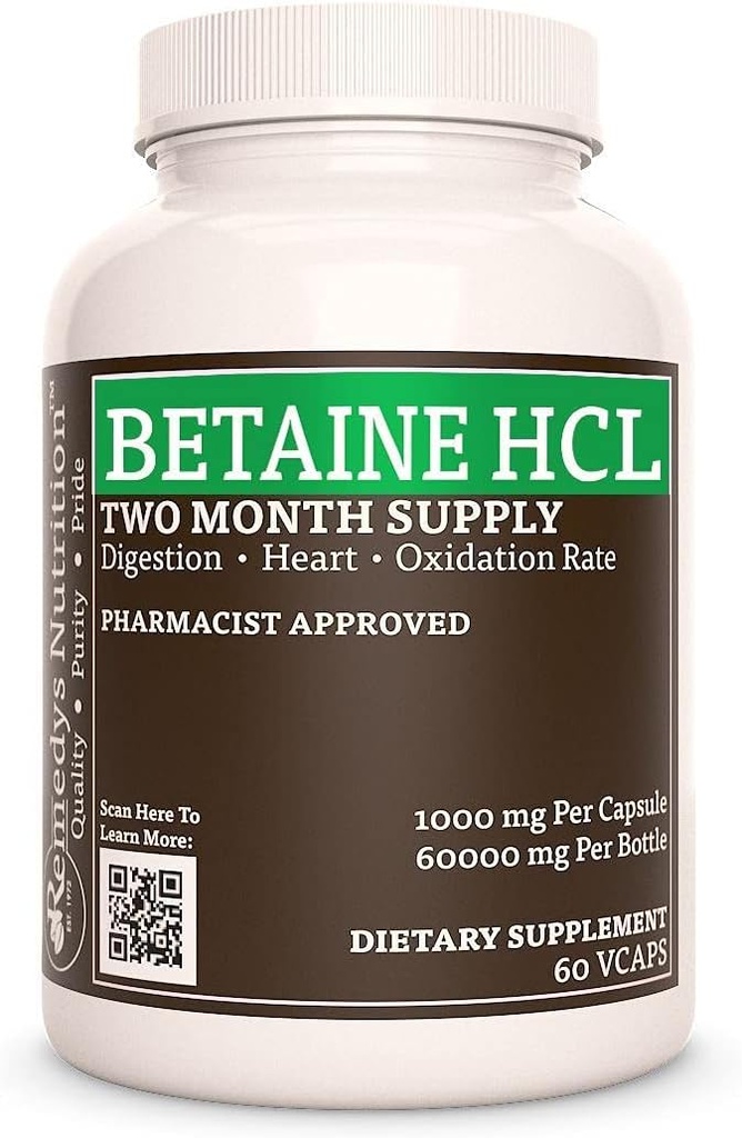 Remedy 's Nutrition Betain HCL (Hydrochlorid) Name 124; 1000 mg, 60 Kapsler Kosttilskud 124; To måneder Supply