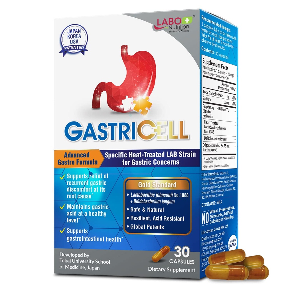 Labo Nutrition GASTRICELL - Acid Reflux, Heartburn, Gendannelse Gastrisk discomfort, Natural Defence Agastric Distress 30 Kapsler