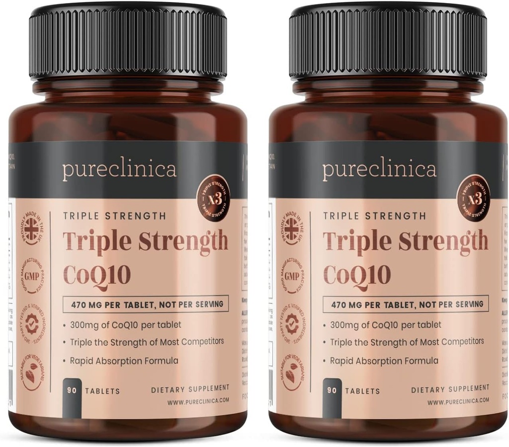 pureclinica Gæret CoQ10 300mg x 180 tabletter (2 flasker med 90 tabletter) - 6 måneders forsyning. Non GMO, USP Grad. med tilsat C-vitamin og sort peber ekstrakt til absorption.