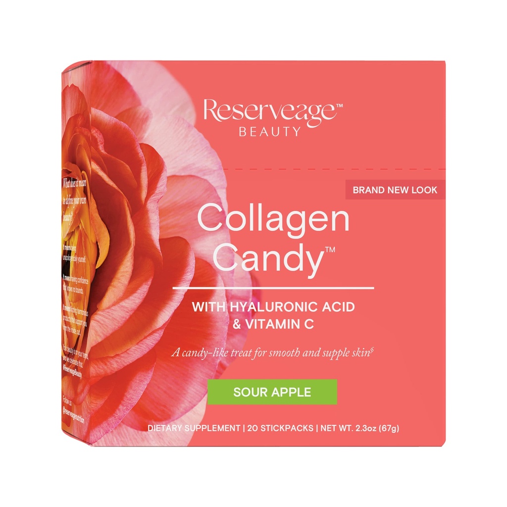 Reserveage Nutrition Collagen Candy, Collagen supplement til hudpleje, hårvækst, Collagen Booster til neglepleje, understøtter Elastin produktion, Paleo og Keto, Sour Apple, 2.3 Ounces (20 Servere)