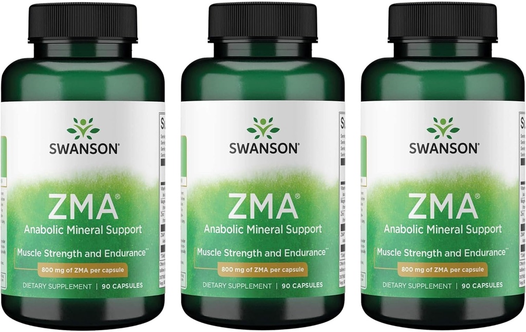 Swanson ZMA - Energi, Metabolisme og Muscle Recovery Support til mænd og kvinder - Anabolsk Mineral Support til atleter Kombinerer zink og Magnesium med B6-vitamin - (90 kapsler, 800mg Hver) 3 Pack