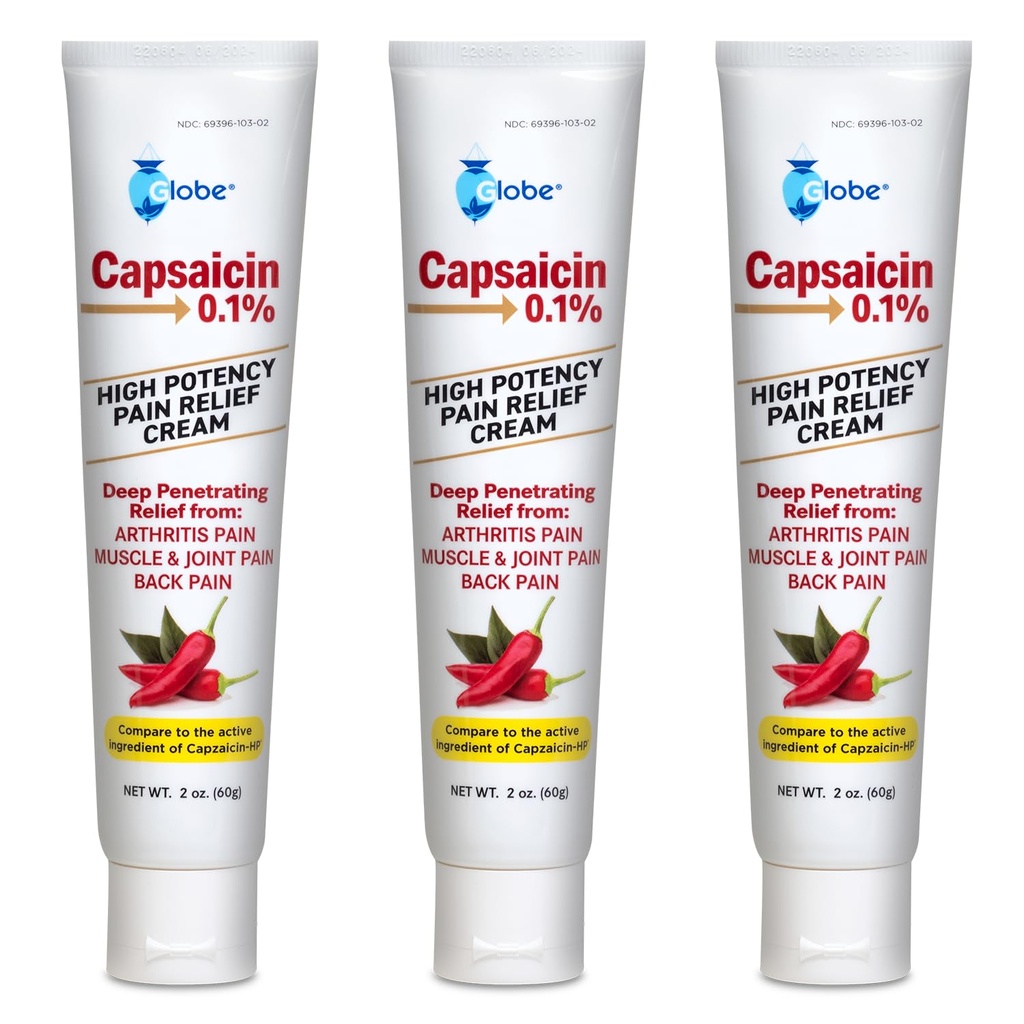 Globe (3 Pack) Capsaicin 0, 1% høj potens smerte Relief Cream, undufted (2 oz) Deep Penetration Relief from: Gigt, muskel, fælles og ryg smerte