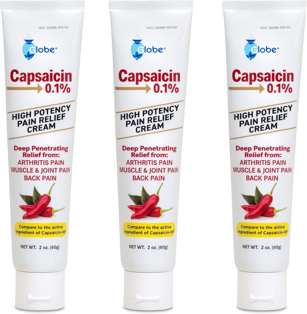 Globe (3 Pack) Capsaicin 0, 1% høj potens smerte Relief Cream, undufted (2 oz) Deep Penetration Relief from: Gigt, muskel, fælles og ryg smerte