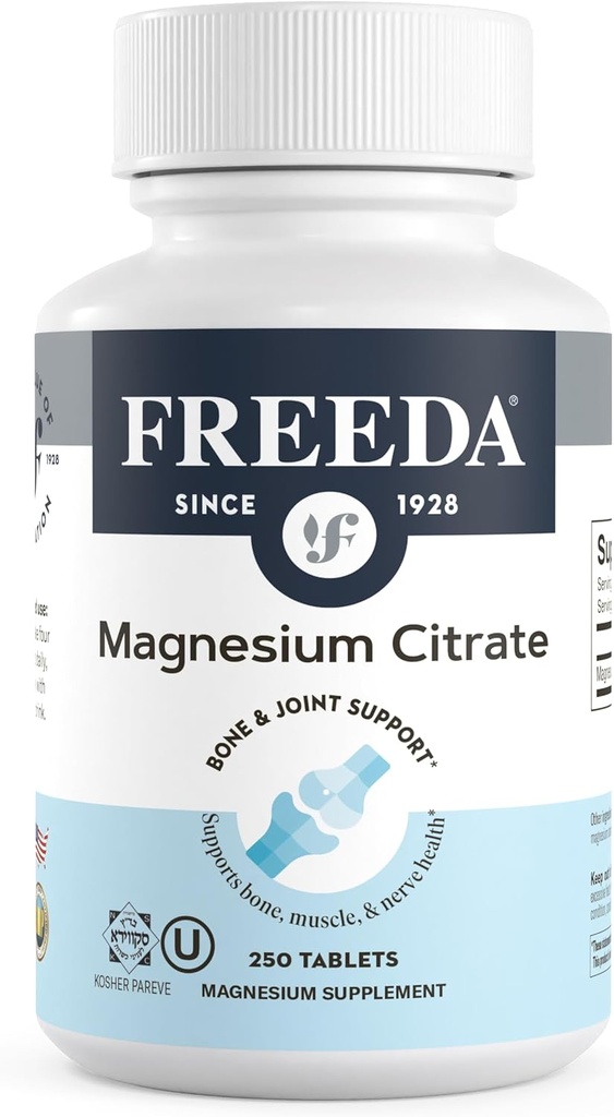 Freeda Magnesium Citrate 400mg Per Servering - Høj- Absorption Magnesium Citrate Tablets - Essential Mineral for Nerve & Bone Health - Vegan, Kosher, Gluten- Free Magnesium Supplement (250 Ct)