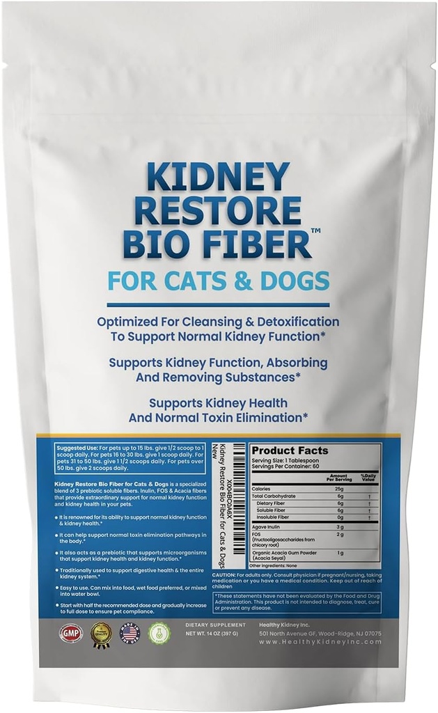 Bio Fiber til kat & hund Nyre Support, Nyre Pet Health Supplement, Nyre Support til hunde & katte, Nyre Support Dog, Tilføj w / Nyre Mad, Support Normal Nyre Funktion - 60 Servering