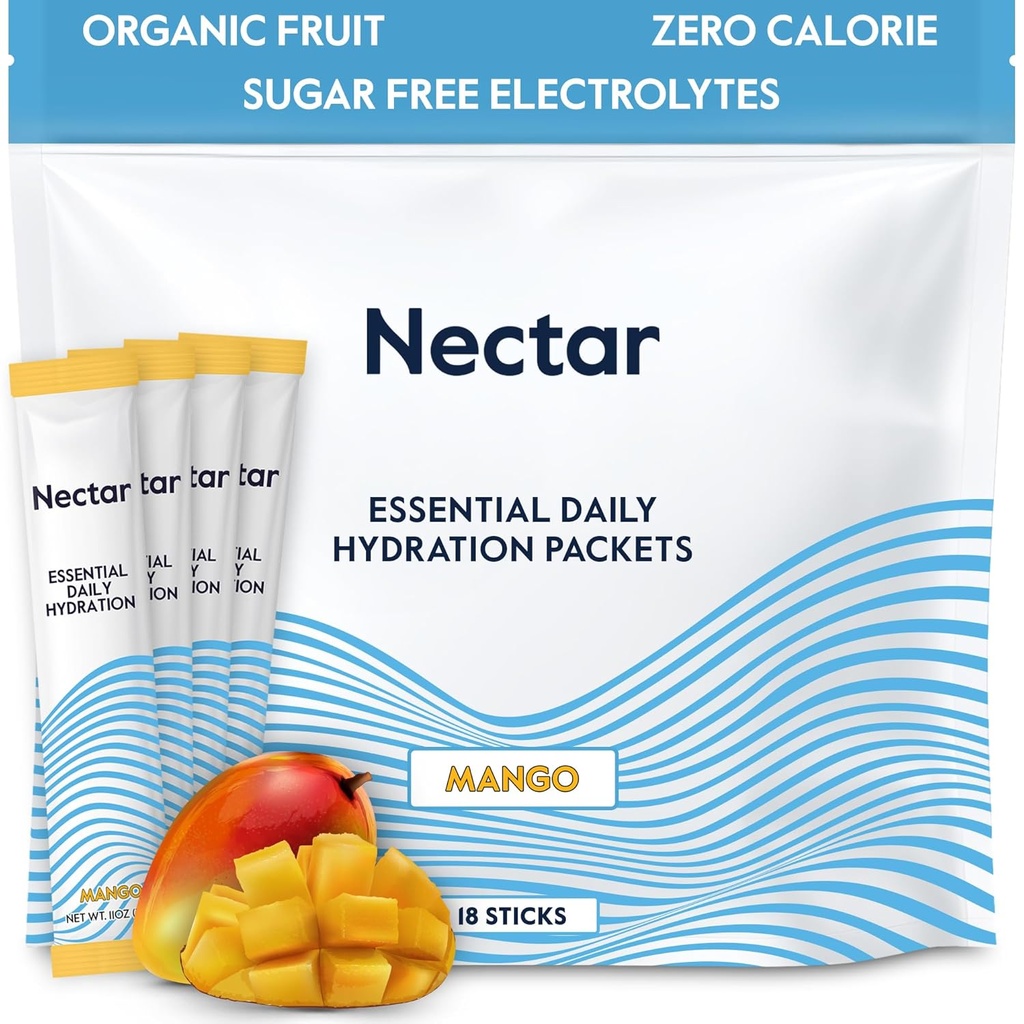 Nectar Hydration Pakker - Elektrolyter Powder Pakker - Sukker Free & 0 Calorie - Økologisk frugtvæske Dagligt IV Hydratstik til Dehydrering Relief & Rapid Rehydration (Mango 18 Pack)