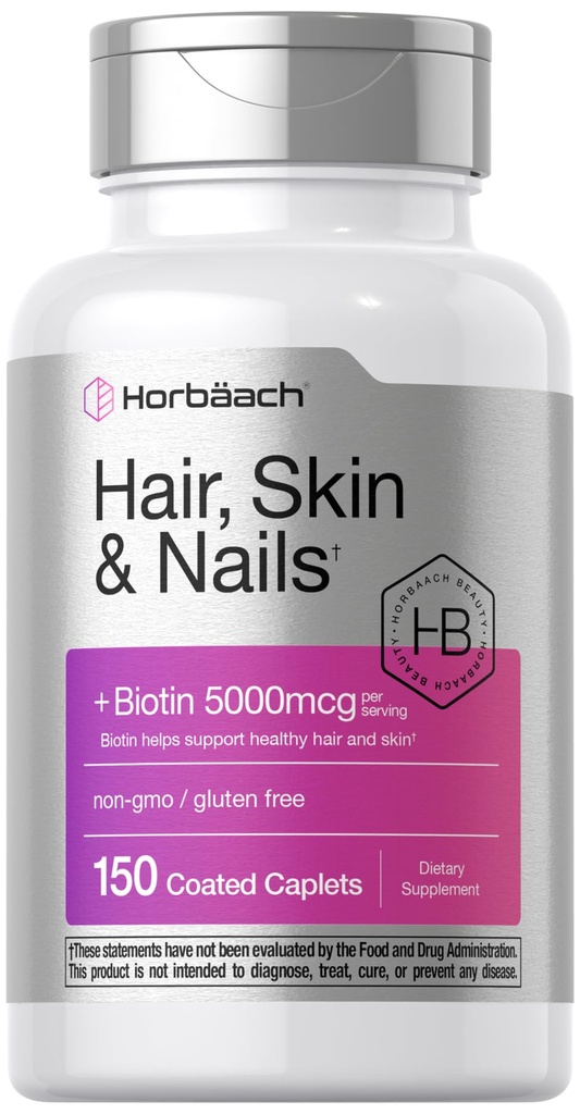 Horbäach Hår Hud og negle Vitaminer: 124; 150 Kapsler: 124; med Biotin og kollagen: 124; Supplement for kvinder og mænd: 124; Non- GMO, Gluten Free