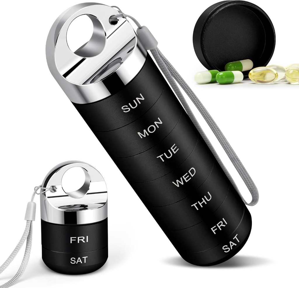 TaroKitc Metal Weekly Pill Organizer, Stilfuld Aluminum Alloy Travel Pill Box, Portable Vandtæt Daglig Pill sag, 7 dages medicinholder med stort kompleks for vitamin, fiskeolie, tillæg (sort)