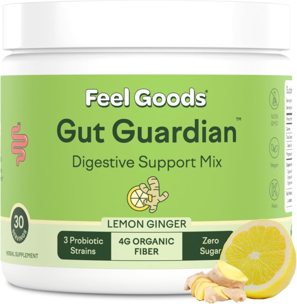 Mærk varer Gut Guardian, Organic Fiber, Probiotic & Prebiotic Powder, Sugar Free, Urter til Bloat, Gut Health Support, fordøjelsessygdomme for mænd og kvinder, ikke GMO, Vegan, Lemon Ginger, 30 Servere