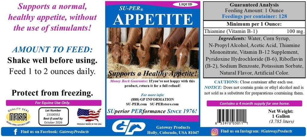SU- PER Appetite Supplement for heste - Equine Appetite Booster Liquid Feed Supplement - Vitamin Support for Sund Appetite - 1 Gallon, 4 Måneder Supply
