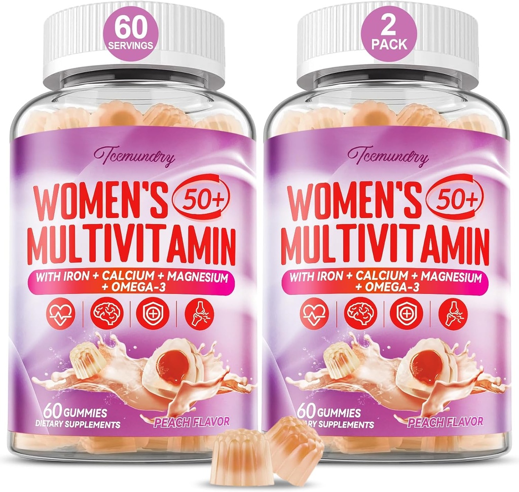 Multivitamin gummies for Women 50 Plus - med Omega 3, Coenzym Q10, Jern, Calcium, Zink, vitamin A, C, D3, E, K2, B Complex, Folate - Multi Vitamin & Minerals for Energy, Skønhed, Immun, Sugar Free