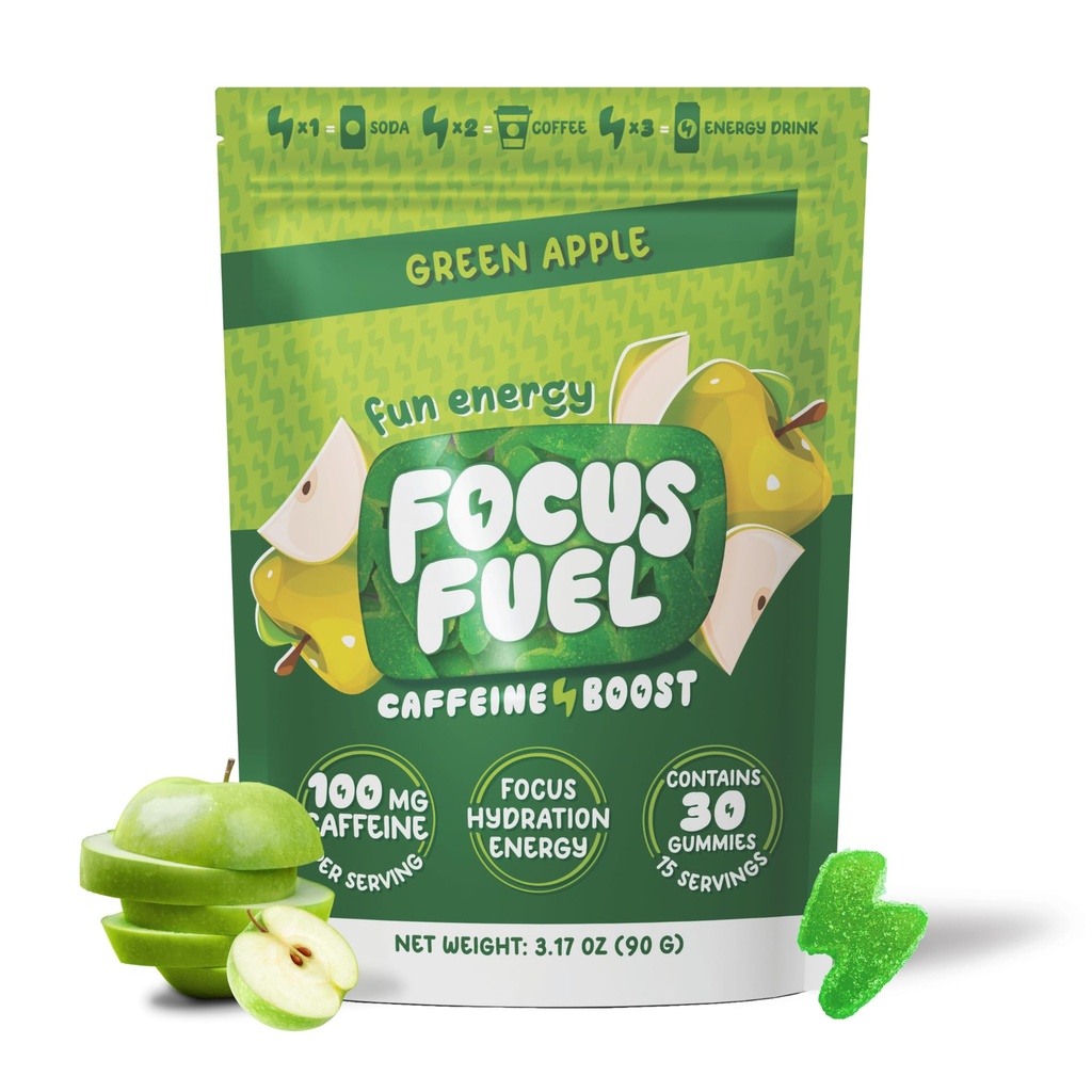 FocusFuel Energy Chews - Green Apple Flavor (15 Servere) - 100mg Koffein + B12, Magnesium, Alpha GPC - Boost Focus & Energy - Ingen Crash eller Jitters