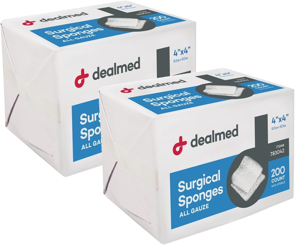 Dealmed 4 "x 4" Kirurgiske svampe, 8-Ply, Non- vævet Absorbent Gauze Sponges til Sårpleje, Førstehjælp Kits og medicinske faciliteter, 200 Count (pakke af 2)