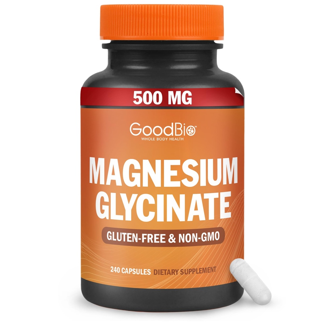 Magnesium Glycinat - Høj Absorption Magnesium Supplement 500mg Per Servering for stress Relief, søvn, hjerte og ben sundhed, nervestøtte - Non-GMO, Gluten- fri, blid på Mave, 240 kapsler