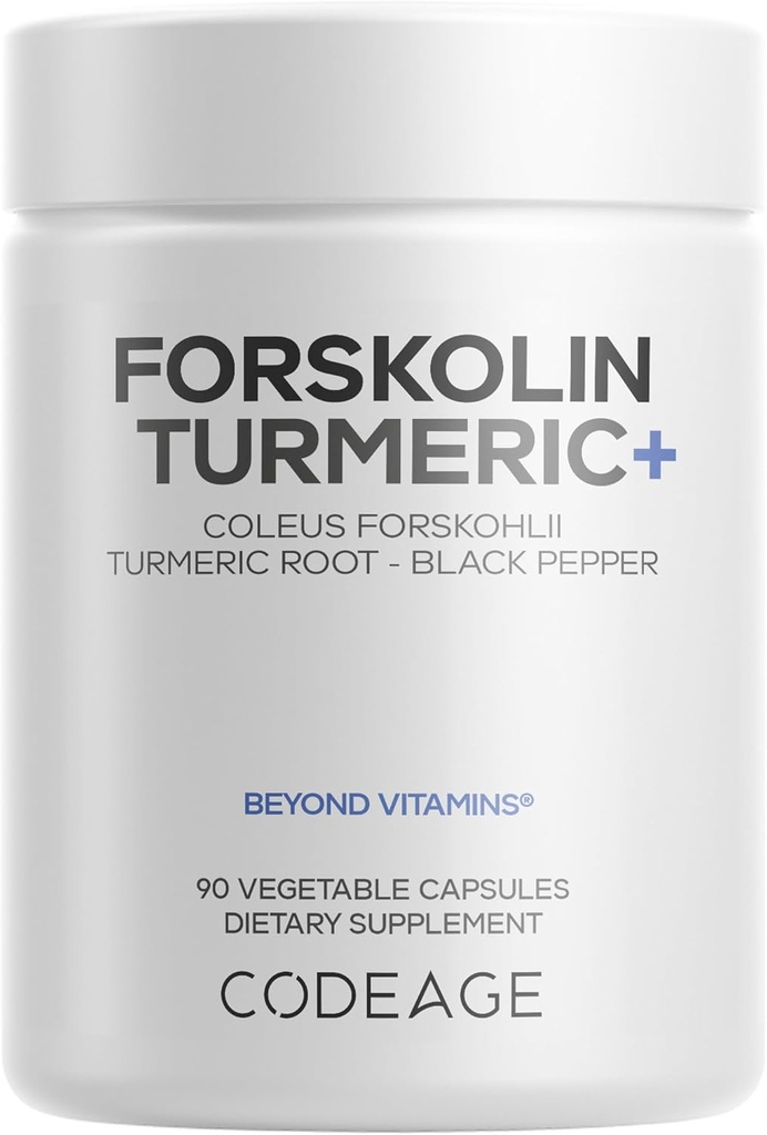 Codeage Forskolin, Pure Forskolin Coleus + Organic Gurkemeje Root Powder, 95% Curcuminoids + Bioperine Black Pepper - 20% Standardized Coleus Forskohlii Supplement - Non-GMO - 90 Kapsler