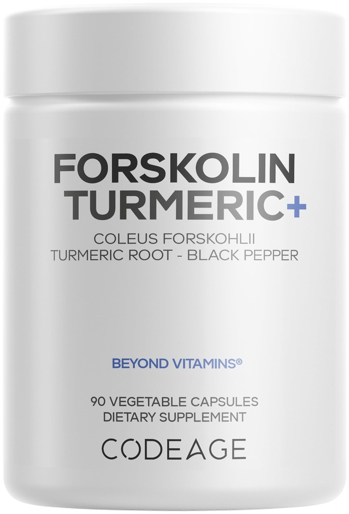 Codeage Forskolin, Pure Forskolin Coleus + Organic Gurkemeje Root Powder, 95% Curcuminoids + Bioperine Black Pepper - 20% Standardized Coleus Forskohlii Supplement - Non-GMO - 90 Kapsler