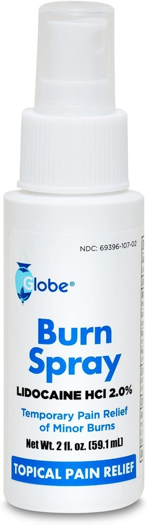 Globe Burn Spray, Lidocain 2%. Aktuel antestisk smertelindring og optælling 2 oz Spray flaske