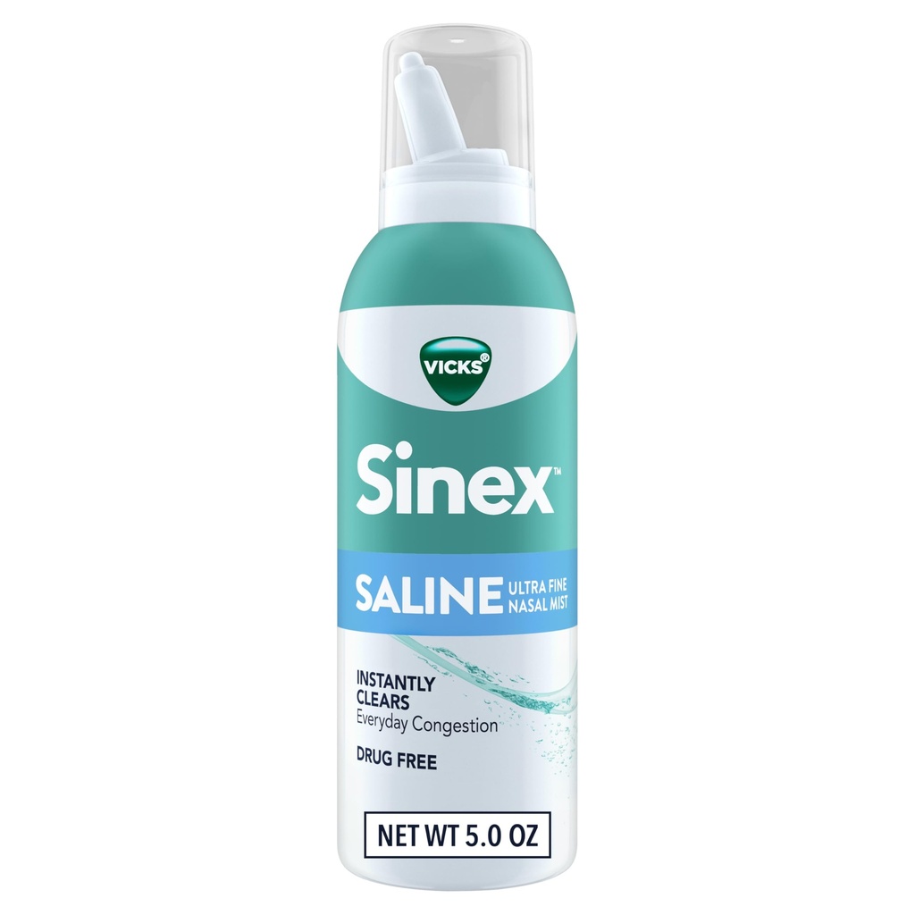 Vicks Sinex Saline Nasal Spray, Drug Free Ultra Fine Mist, Clear Everyday Sinus Congestion Fast, Clear Mucus fra en kold eller allergi, Daglig brug 5.0 fl oz